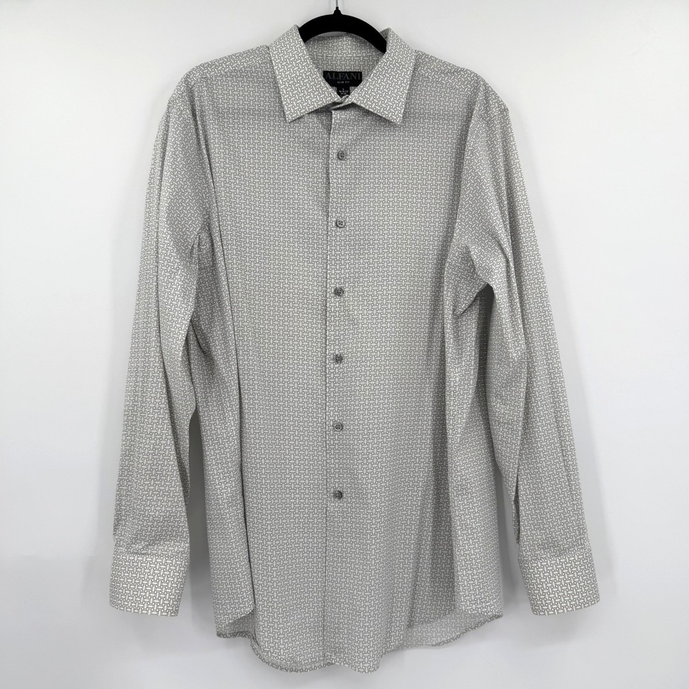 Alfani Slim Fit Mens Long Sleeve Grey White Geometric Print Button Down Shirt L
